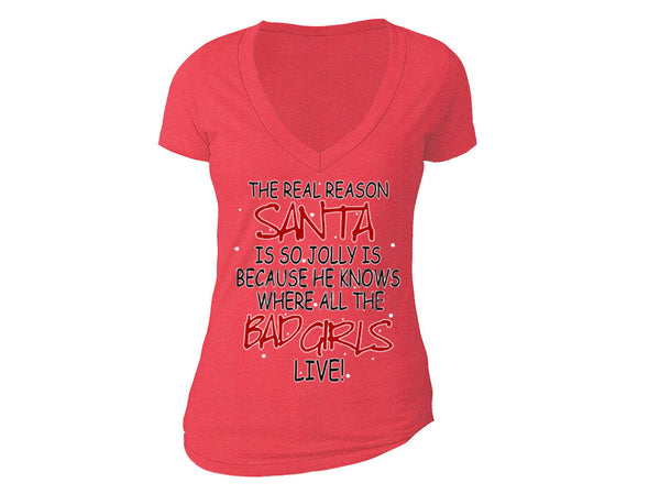 XtraFly Apparel Women's Jolly Santa Elf Ugly Christmas V-neck Short Sleeve T-shirt