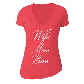 XtraFly Apparel Women's Wife Mom Boss Mother's Day V-neck Short Sleeve T-shirt