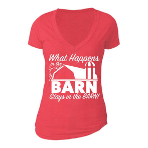 XtraFly Apparel Women's What Happens Barn Novelty Gag V-neck Short Sleeve T-shirt