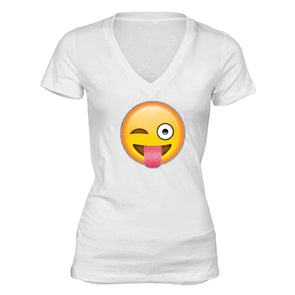 XtraFly Apparel Women's Emoji Wink Tongue Novelty Gag V-neck Short Sleeve T-shirt