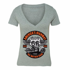 XtraFly Apparel Women's Route 66 America's Highway Biker Motorcycle V-neck Short Sleeve T-shirt