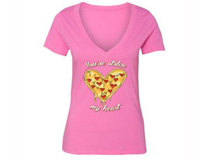 XtraFly Apparel Women's You've Stolen My Heart Pizza Novelty Gag V-neck Short Sleeve T-shirt