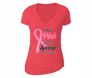 XtraFly Apparel Women's Real Men Wear Pink Breast Cancer Ribbon V-neck Short Sleeve T-shirt