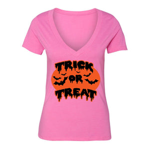 XtraFly Apparel Women's Trick or Treat Bats Halloween Pumpkin V-neck Short Sleeve T-shirt