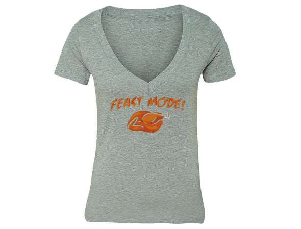 XtraFly Apparel Women's Feast Mode Turkey Gobble Thanksgiving V-neck Short Sleeve T-shirt