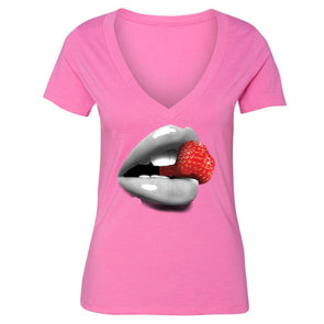 XtraFly Apparel Women's Strawberry Lips Novelty Gag V-neck Short Sleeve T-shirt