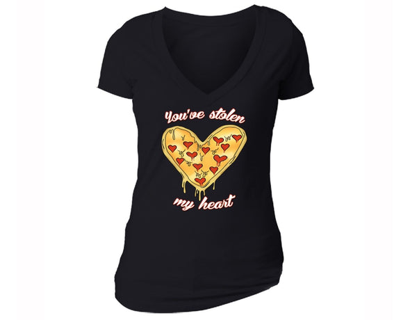 XtraFly Apparel Women's You've Stolen My Heart Pizza Novelty Gag V-neck Short Sleeve T-shirt