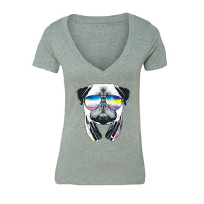 XtraFly Apparel Women's Pug Dog DJ Novelty Gag V-neck Short Sleeve T-shirt