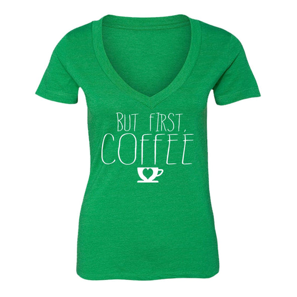 XtraFly Apparel Women's But First Coffee Novelty Gag V-neck Short Sleeve T-shirt