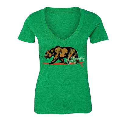 XtraFly Apparel Women's Surfing Bear California Pride V-neck Short Sleeve T-shirt