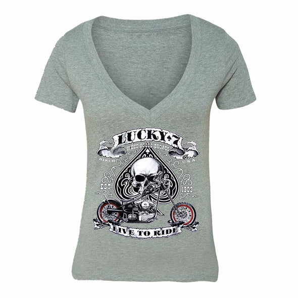 XtraFly Apparel Women's Lucky 7 Skull Live to Ride Biker Motorcycle V-neck Short Sleeve T-shirt