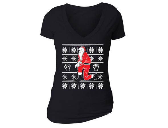 XtraFly Apparel Women's Kneeling Santa Ugly Christmas V-neck Short Sleeve T-shirt