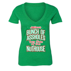 XtraFly Apparel Women's Jolliest Bunch Nuthouse Ugly Christmas V-neck Short Sleeve T-shirt