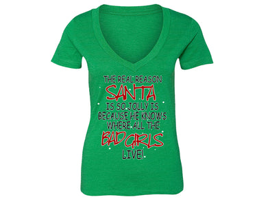 XtraFly Apparel Women's Jolly Santa Elf Ugly Christmas V-neck Short Sleeve T-shirt