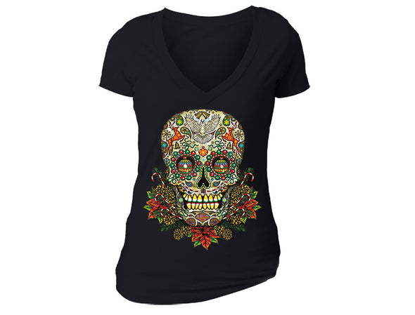 XtraFly Apparel Women's Sugar Skull Tree Ugly Christmas V-neck Short Sleeve T-shirt