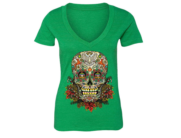 XtraFly Apparel Women's Sugar Skull Tree Ugly Christmas V-neck Short Sleeve T-shirt