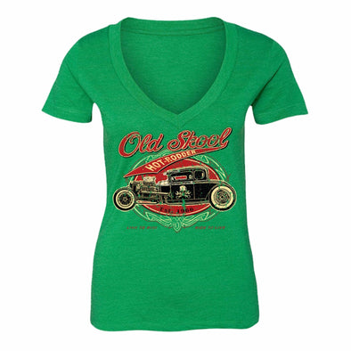 XtraFly Apparel Women's Old Skool Hot Rodder Car Truck Garage V-neck Short Sleeve T-shirt