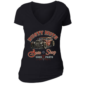 XtraFly Apparel Women's Rusty Nuts Autoshop Car Truck Garage V-neck Short Sleeve T-shirt