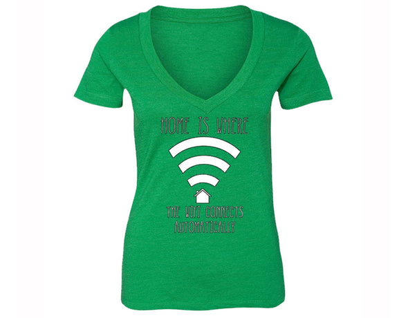 XtraFly Apparel Women's Home is Where the WIFI Novelty Gag V-neck Short Sleeve T-shirt