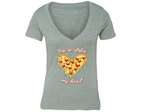 XtraFly Apparel Women's You've Stolen My Heart Pizza Novelty Gag V-neck Short Sleeve T-shirt