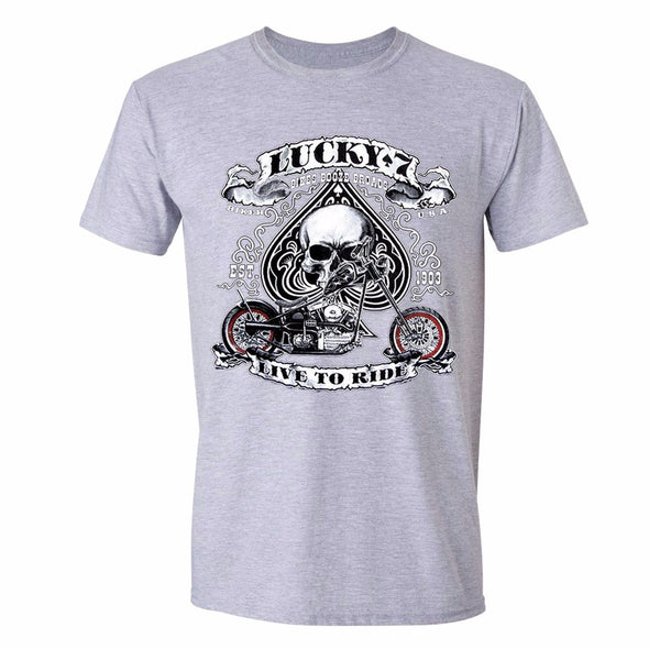 XtraFly Apparel Men's Lucky 7 Skull Live to Ride Biker Motorcycle Crewneck Short Sleeve T-shirt