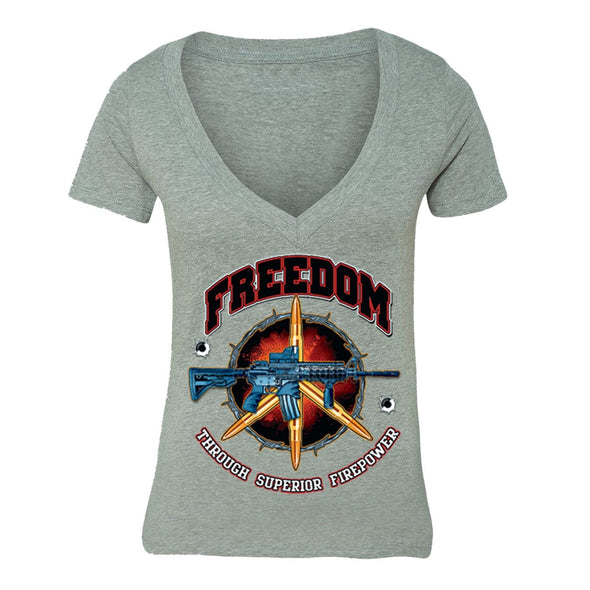 XtraFly Apparel Women's Freedom Firepower Rifle 2nd Amendment V-neck Short Sleeve T-shirt