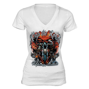 XtraFly Apparel Women's Reap The Road Skull Biker Motorcycle V-neck Short Sleeve T-shirt