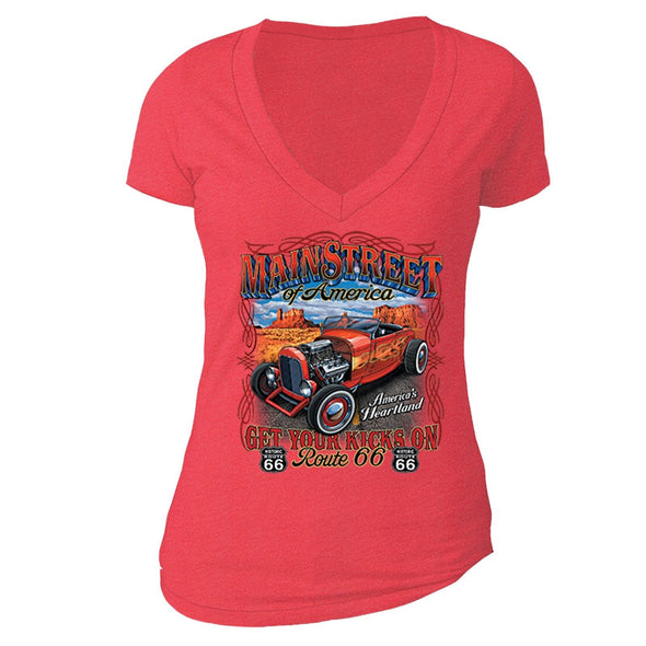 XtraFly Apparel Women's Main Street Route 66 Car Truck Garage V-neck Short Sleeve T-shirt