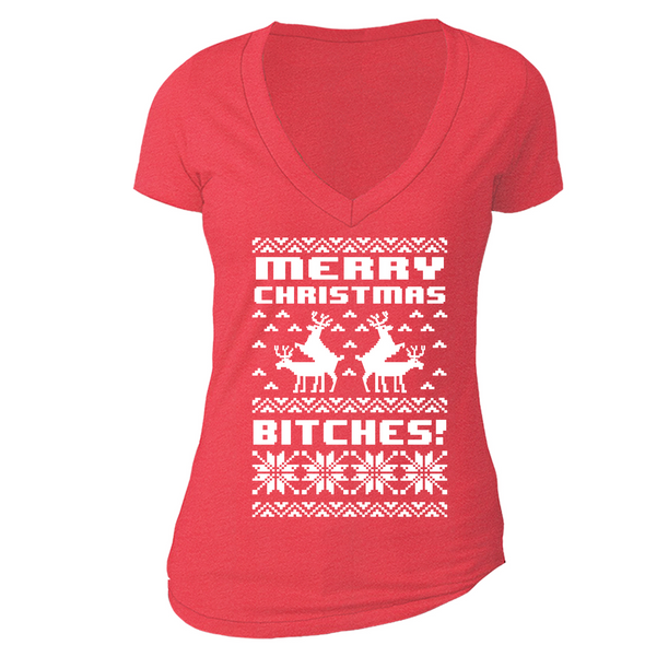 XtraFly Apparel Women's Merry Xmas B*tch*s Ugly Christmas V-neck Short Sleeve T-shirt