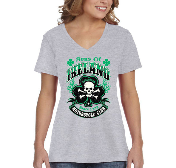 XtraFly Apparel Women's Sons of Ireland Motorcycle Shamrock St. Patrick's Irish V-Neck Short Sleeve T-Shirt