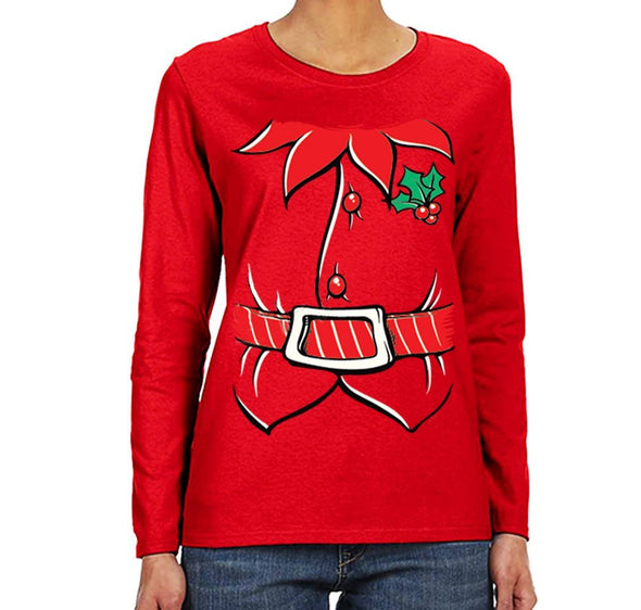 Free Shipping Womens Elf Shirt Poinsettia Holly Belt Ugly Sweater Christmas Party Long Sleeve T-Shirt