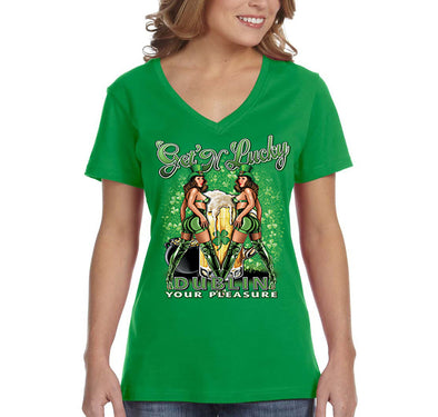 Free Shipping Women's Get N' Lucky Dublin Pleasure Pinup Clover Party Whiskey Sexy Girl Beer Irish St. Patrick's Day Short Sleeve V-Neck T-Shirt