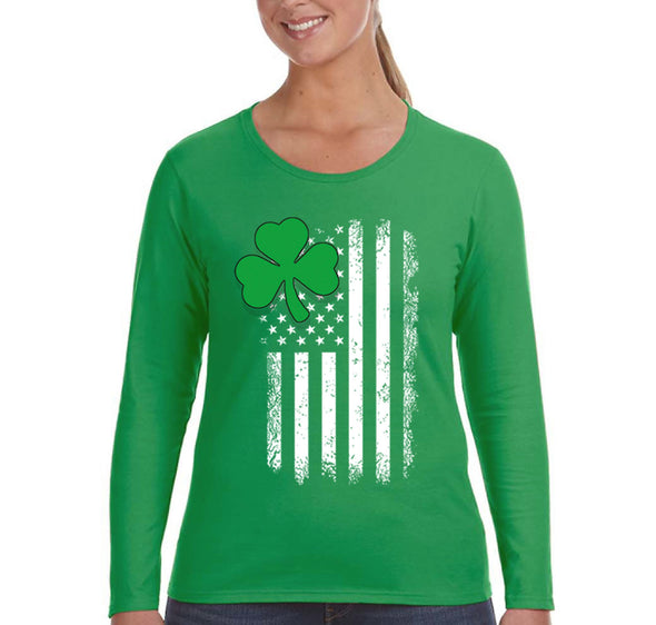 Free Shipping Women's Shamrock USA Flag Clover Shamrock Irish Ireland St. Patrick's Day Long Sleeve T-Shirt