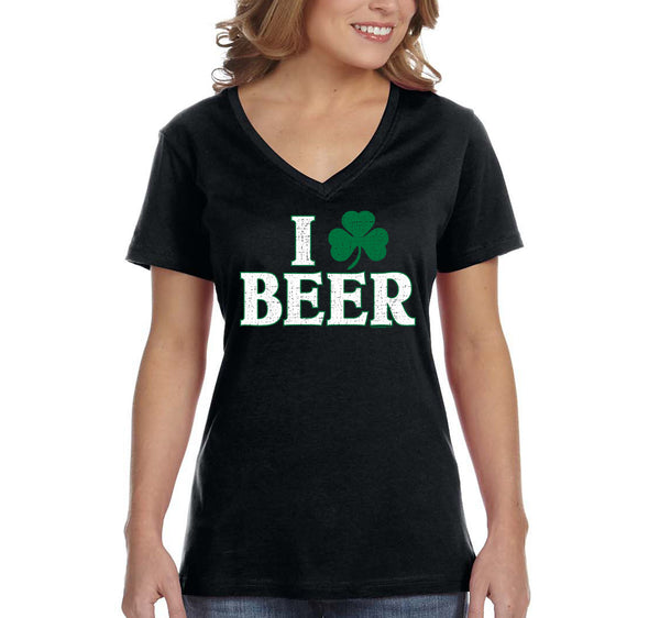 Free Shipping Women's I Love Beer St. Patrick's Day Clover Beer Drinking Celtic Party Funny Shamrock Shenanigans V-Neck T-Shirt