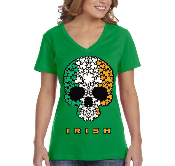 Free Shipping Women's Irish Shamrock Skull Flag St. Patrick's Day Drinking Beer Shamrock Funny Party Shenanigans V-Neck T-Shirt