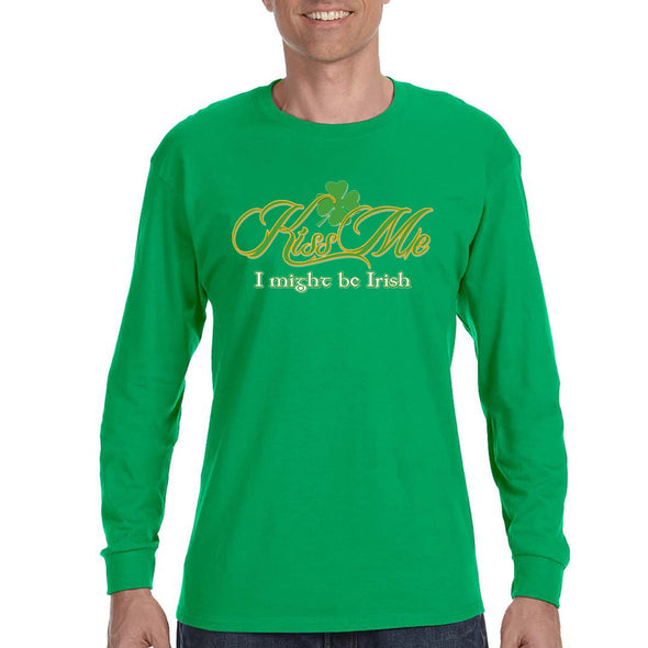 Free Shipping Mens St. Patrick's Day Saint Paddy Drunk Shirt Kiss Me I Might Be Irish Shamrock Clover Irish Longsleeve T-Shirt