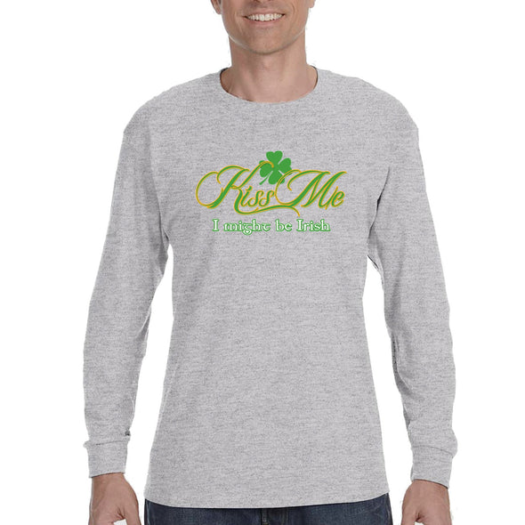 Free Shipping Mens St. Patrick's Day Saint Paddy Drunk Shirt Kiss Me I Might Be Irish Shamrock Clover Irish Longsleeve T-Shirt