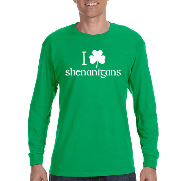 Free Shipping Mens St. Patrick's Day Saint Paddy Drunk shirt I Love Shenanigans Shamrock Clover Irish Long Sleeve T-Shirt