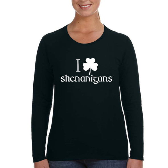 Free Shipping Womens St. Patrick's Day Saint Paddy Drunk shirt I Love Shenanigans Shamrock Clover Irish Longsleeve T-Shirt