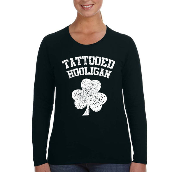 Free Shipping Womens St. Patrick's Day Saint Paddy Drunk Lucky Charm Shamrock Tattooed Hooligan Clover Irish Womens Longsleeve T-Shirt