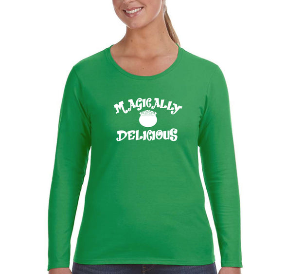 Free Shipping Women's Magically Delicious St. Patrick's Leprechaun Lucky Charms Party Irish Shamrock Clover Pot Gold Long Sleeve T-Shirt