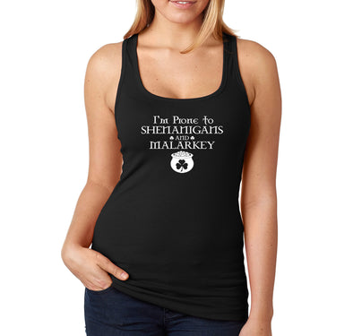 Free Shipping Womens Prone to Shenanigans and Malarkey St. Patrick's Clover Leprechaun Beer Irish Funny Party Drinking Racerback Tanktop