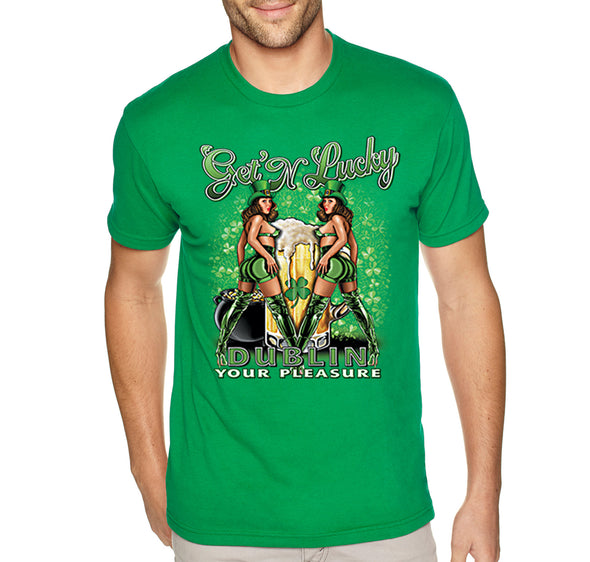 Free Shipping Men's Get N' Lucky Dublin Pleasure Pinup Clover Party Whiskey Sexy Girl Beer Irish St. Patrick's Day T-Shirt