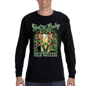 Free Shipping Men's Get N' Lucky Dublin Pinup Clover Party Whiskey Sexy Girl Beer Irish St. Patrick's Day Long Sleeve T-Shirt