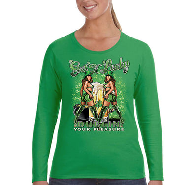 Free Shipping Women's Get N' Lucky Dublin Pinup Clover Party Whiskey Sexy Girl Beer Irish St. Patrick's Day Long Sleeve T-Shirt