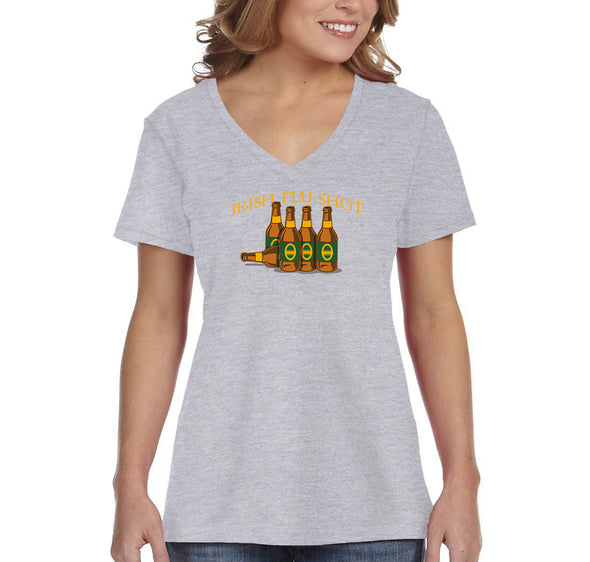 Free Shipping Women's Irish Flu Shot Beer Whiskey Drinking Funny Party Shenanigans Clover Shamrock St. Patrick's Day V-Neck T-Shirt