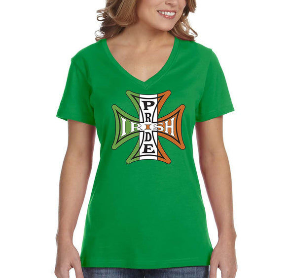 Free Shipping Women's Irish Pride Iron Cross Flag Celtic Clover Shenanigans St. Patrick's Day Short Sleeve V-Neck T-Shirt