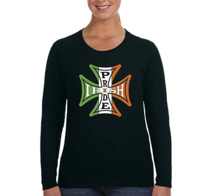 Free Shipping Women's Irish Pride Iron Cross Flag Celtic Clover Shenanigans St. Patrick's Day Long Sleeve T-Shirt