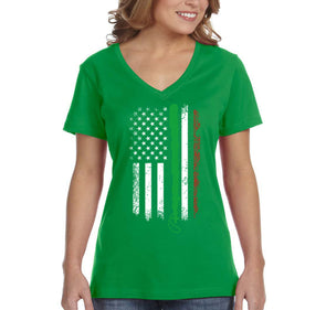 Free Shipping Women's Shillelagh Flag Irish Ireland Clover Shamrock Beer USA St. Patrick's Day Short Sleeve V-Neck T-Shirt