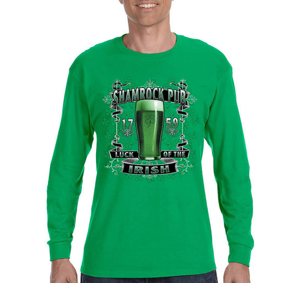 Free Shipping Men's Shamrock Pub Bar Luck Irish Beer Whiskey Shenanigans Party St. Patrick's Day Clover Long Sleeve TShirt